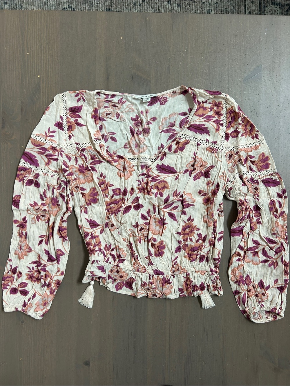 Women’s Floral Puff-Sleeve Peasant Top - Cream with Pink & Purple Floral Size XS